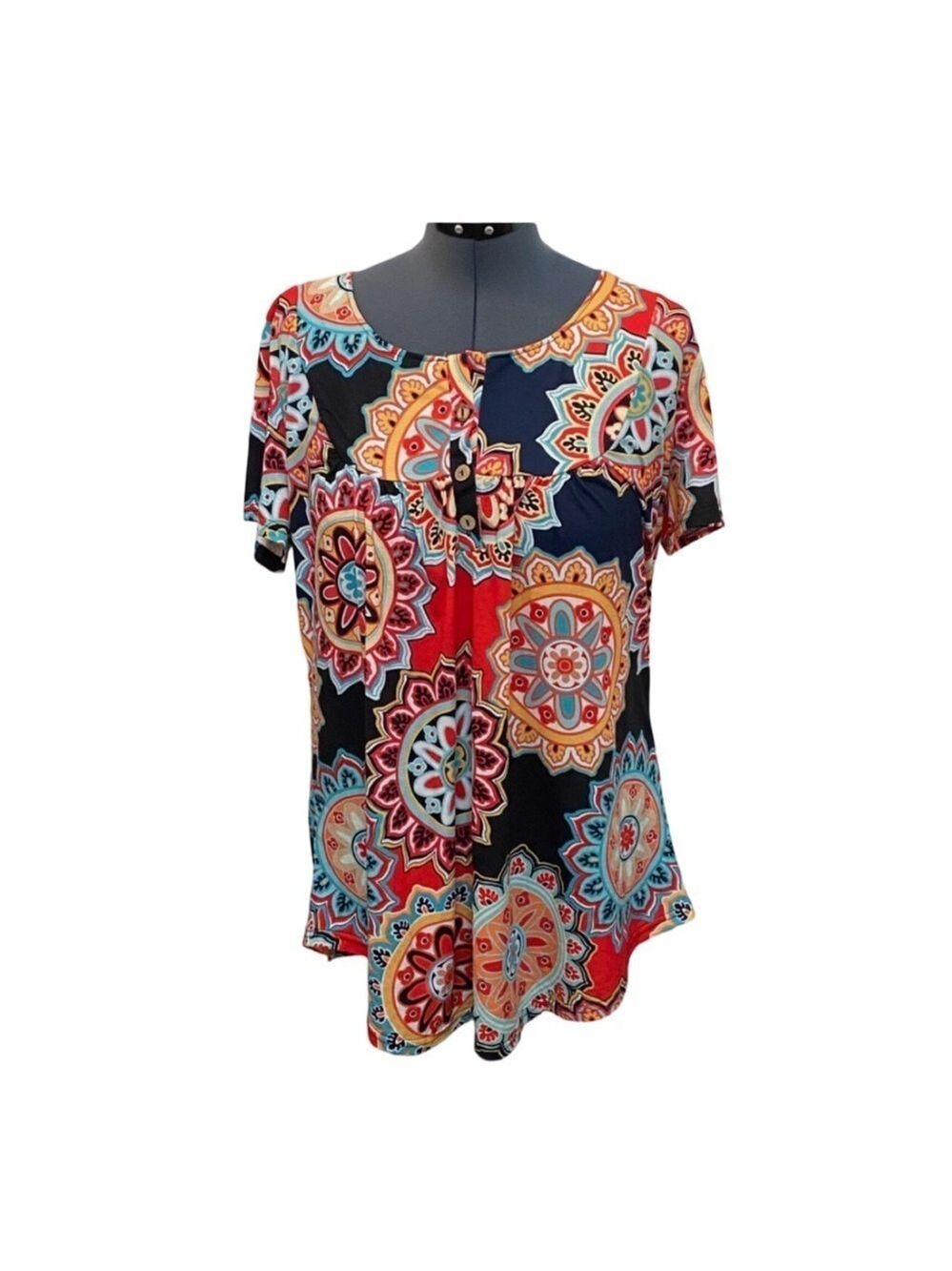 Allegrace Short Sleeve Scoop Neck Mandala Print Pullover Blouse NWT Size 1X
